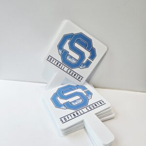 Corrugated plastic hand fan with built‑in handle, 8 inches wide by 11.95 inches tall, Softball Country design